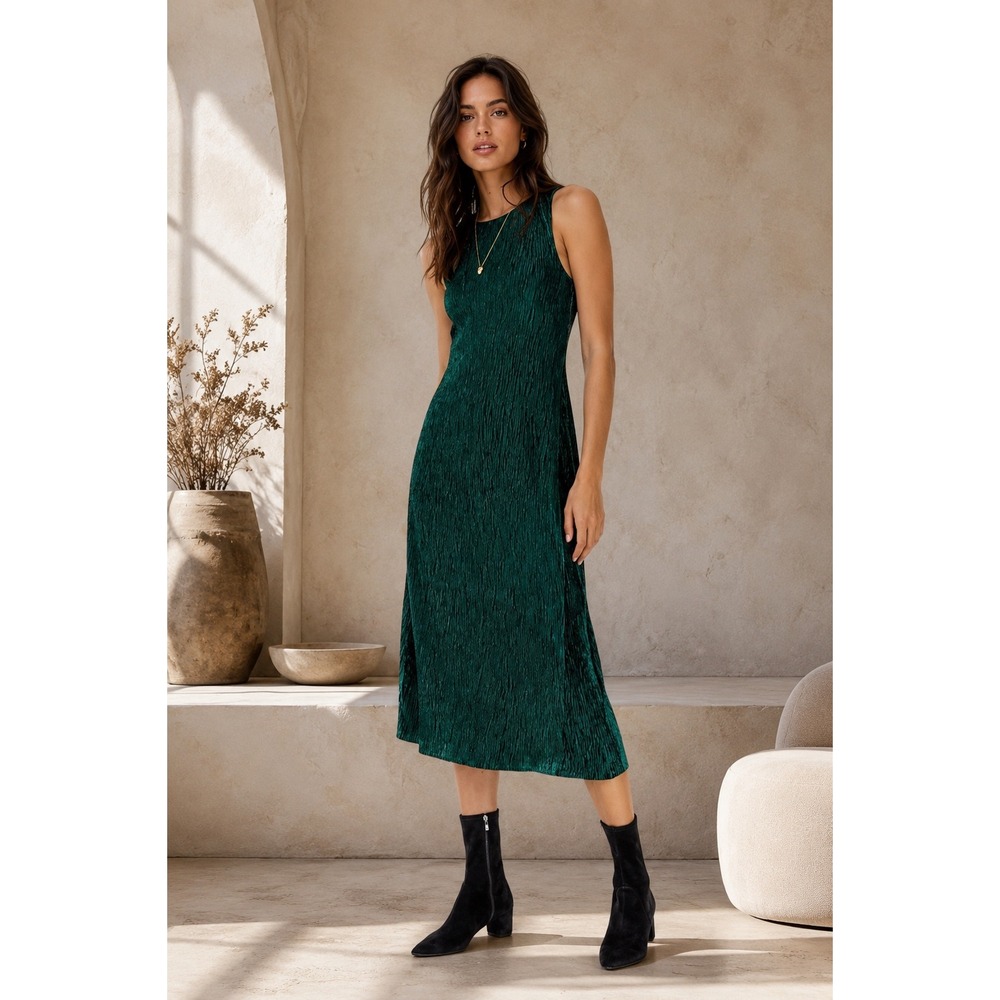 Anthropologie Maeve Emerald Green Velvet Midi Dress Medium Twist Back Sleeveless